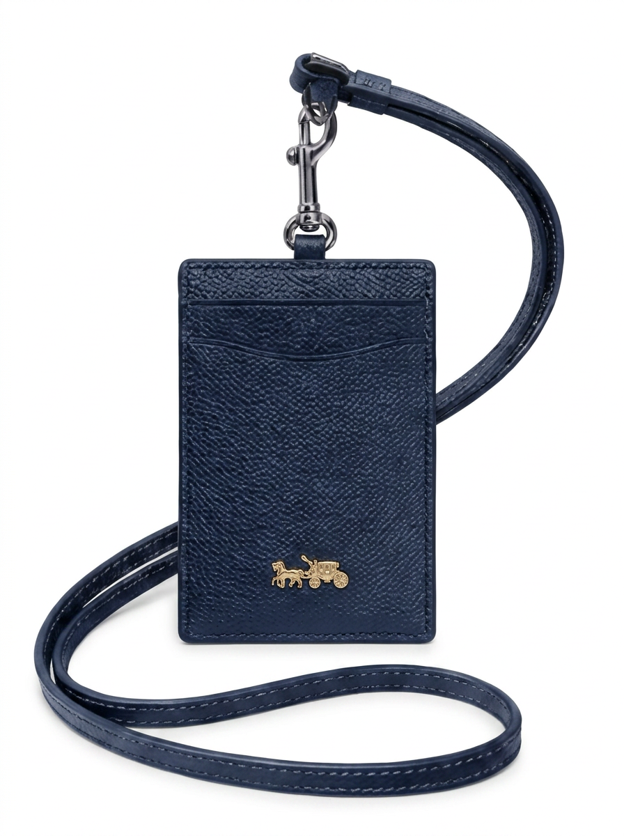 Coach Leather Card Lanyard — Navy